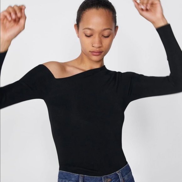Zara Tops - Zara Asymmetrical One Shoulder Stretch Black Knit Shirt Top Sweater Womens M L